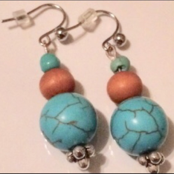 Handcrafted Marble Teal Hook Earrings - Picture 2 of 3